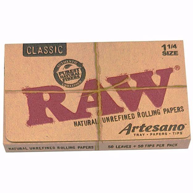 RAW 1 1/4 SIZE ARTESANO NATURAL UNREFINED ROLLING PAPERS + TIPS + TRAY